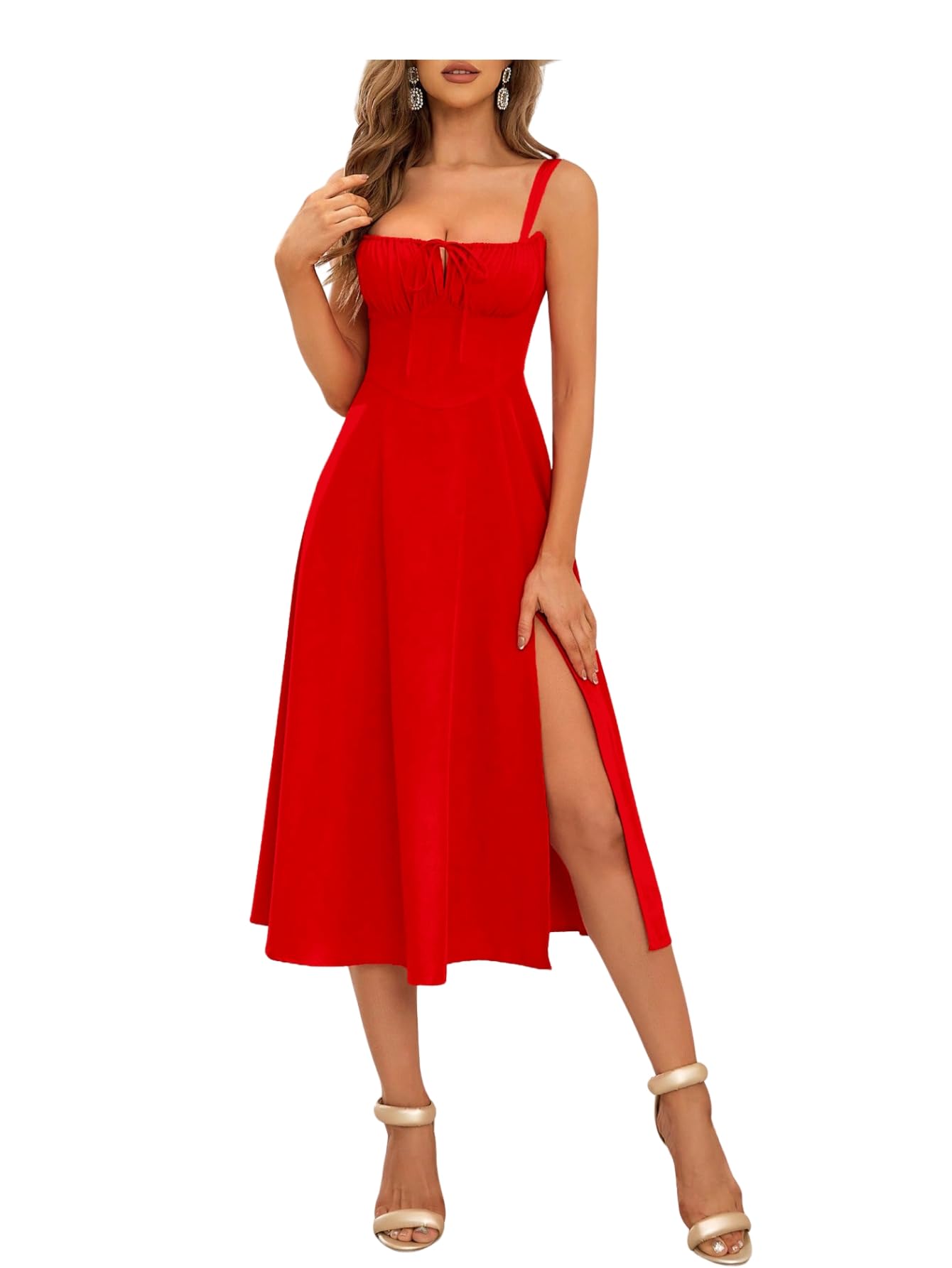 Aahwan Women Fit And Flare Solid Lace Up Backless Ruched Boning Spaghetti Strap Slim Fit Long Cami Dress