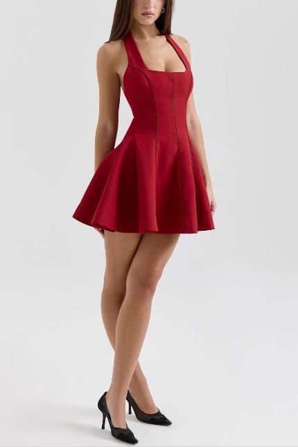 VENESA RED HALTER NECK MINI DRESS