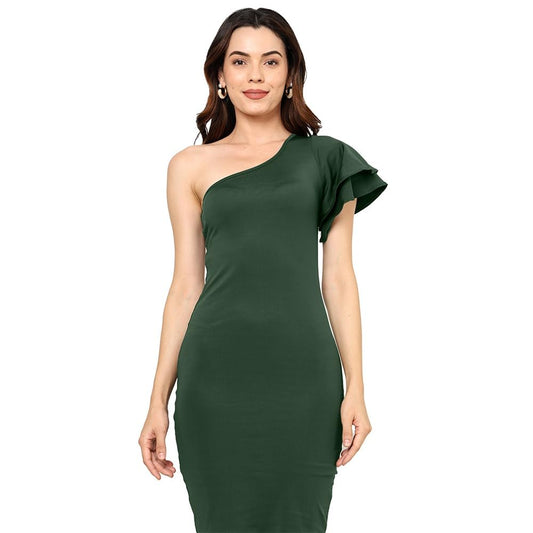 Solid One Shoulder Sleeve Bodycon Ruffle Mini Dress for Women
