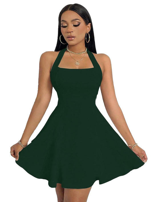 Solid Halter Neck Sleeveless Fit & Flared Mini Dress for Women