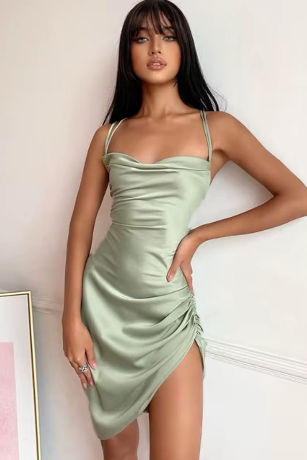 Women's Satin Cowl Neck Mini Dress, Ruched Side Slit, Spaghetti Straps, Open Back Design, Party Club