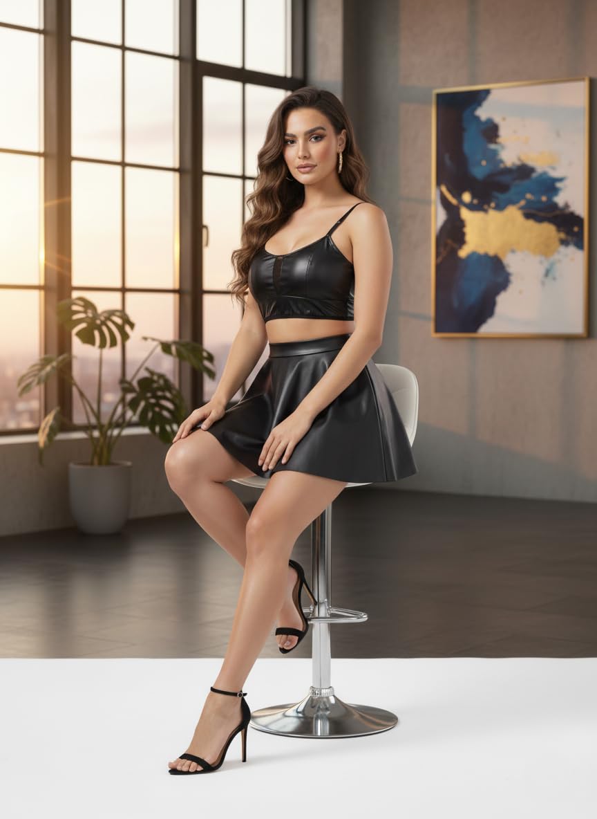 GirlFriend SSoShHub Women Leather Lingerie Black Babydoll Round Neck Nightwear Chemise Nightie Bodysuit Lingerie First Night Honeymoon Mini Nightdress Sheer mesh with Panty