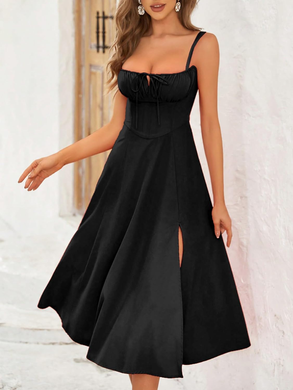 Aahwan Women Fit And Flare Solid Lace Up Backless Ruched Boning Spaghetti Strap Slim Fit Long Cami Dress