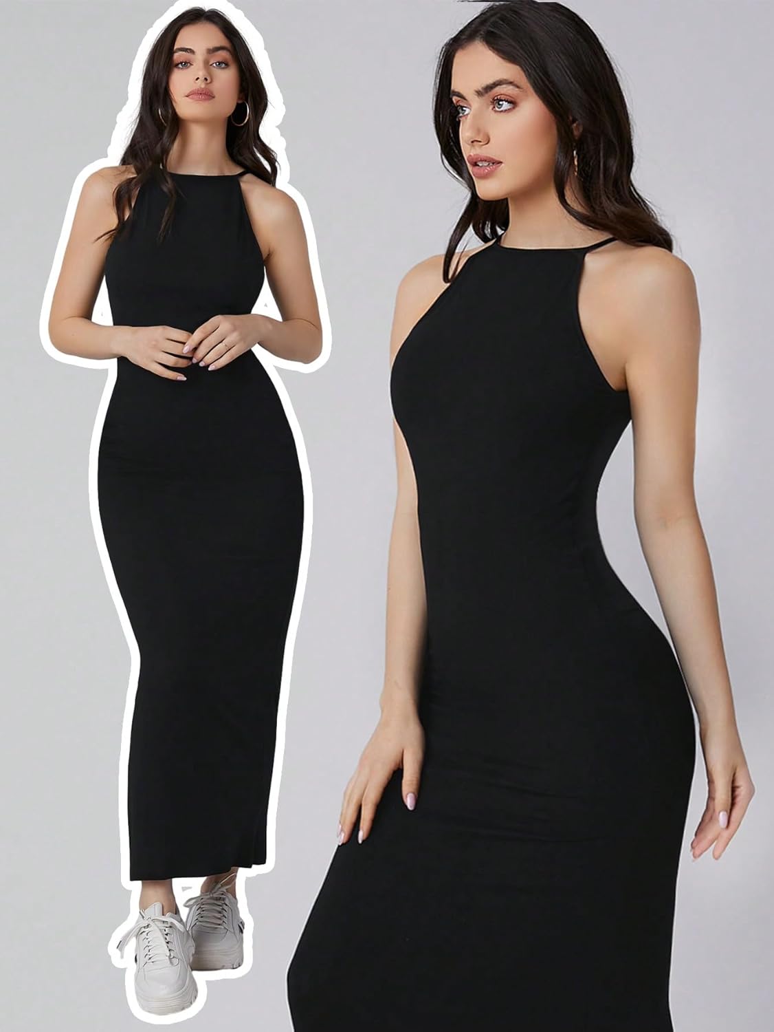 Aahwan Solid Halter Neck Solid Bodycon Midi Dress for Women's & Girl's
