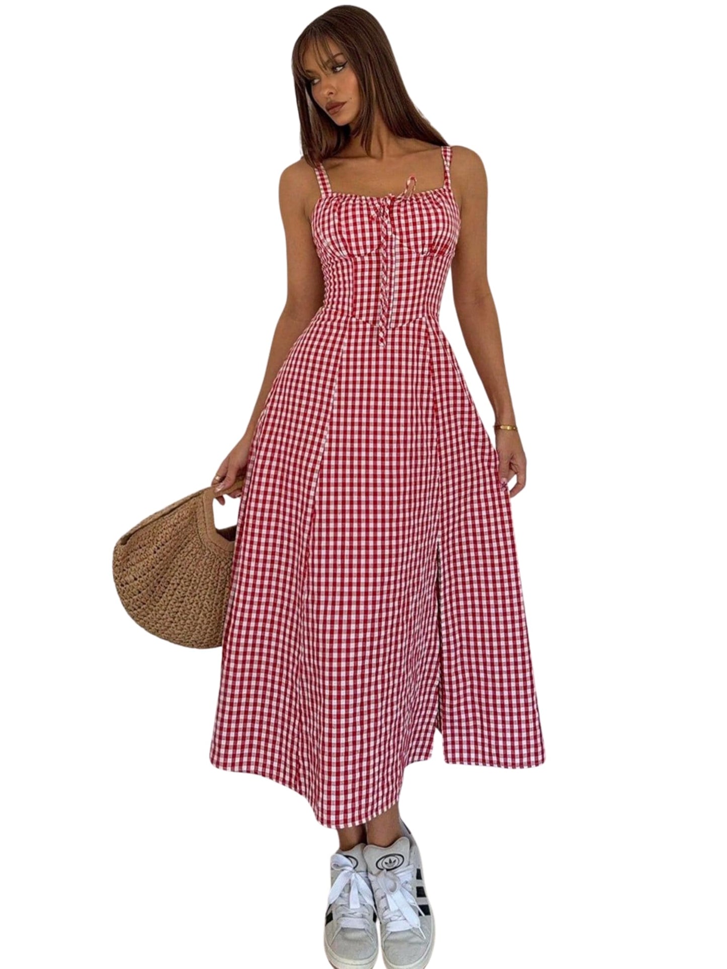 Aahwan Women Fit And Flare Solid Lace Up Backless Ruched Boning Spaghetti Strap Slim Fit Long Cami Dress