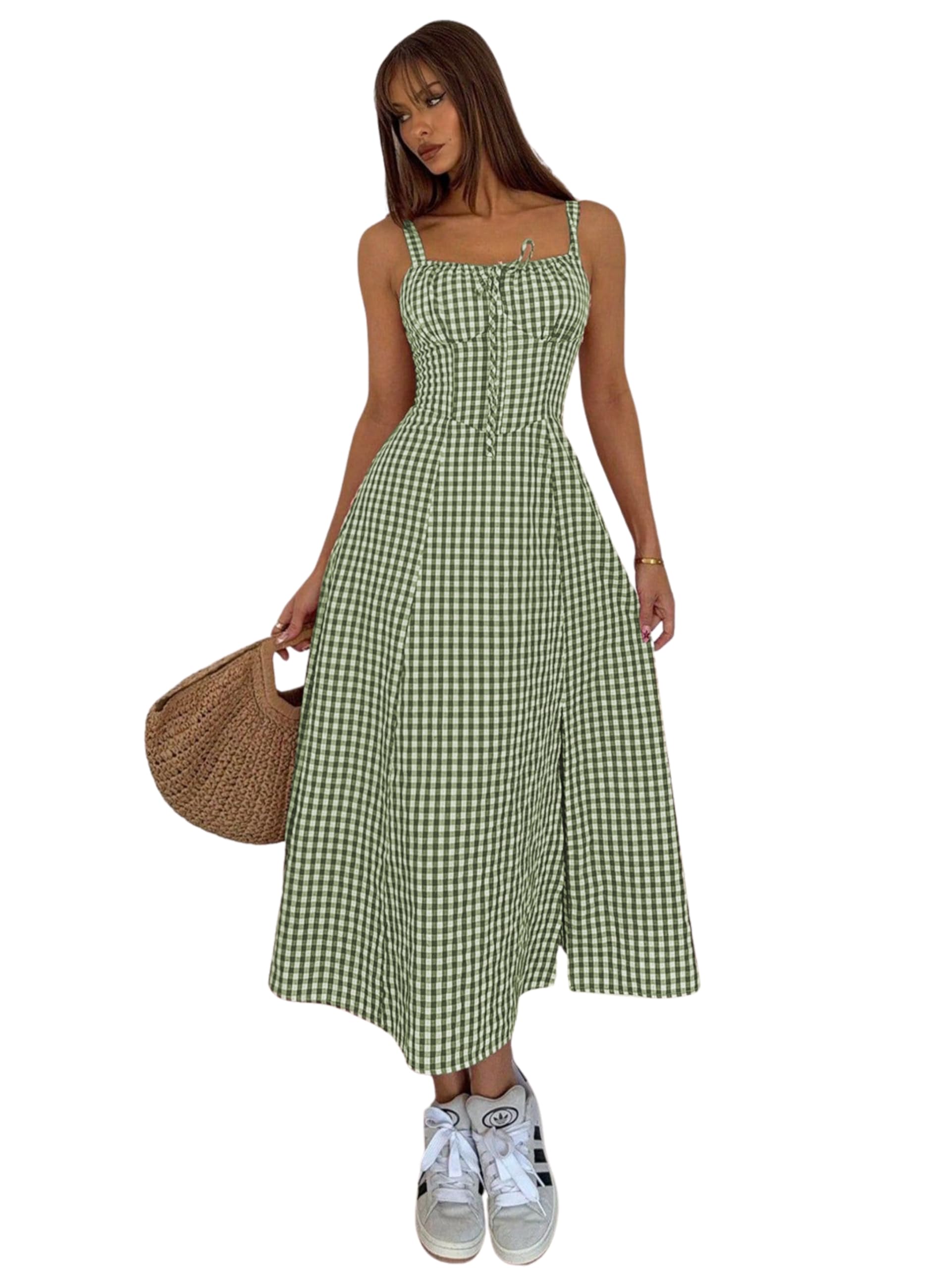 Aahwan Women Fit And Flare Solid Lace Up Backless Ruched Boning Spaghetti Strap Slim Fit Long Cami Dress