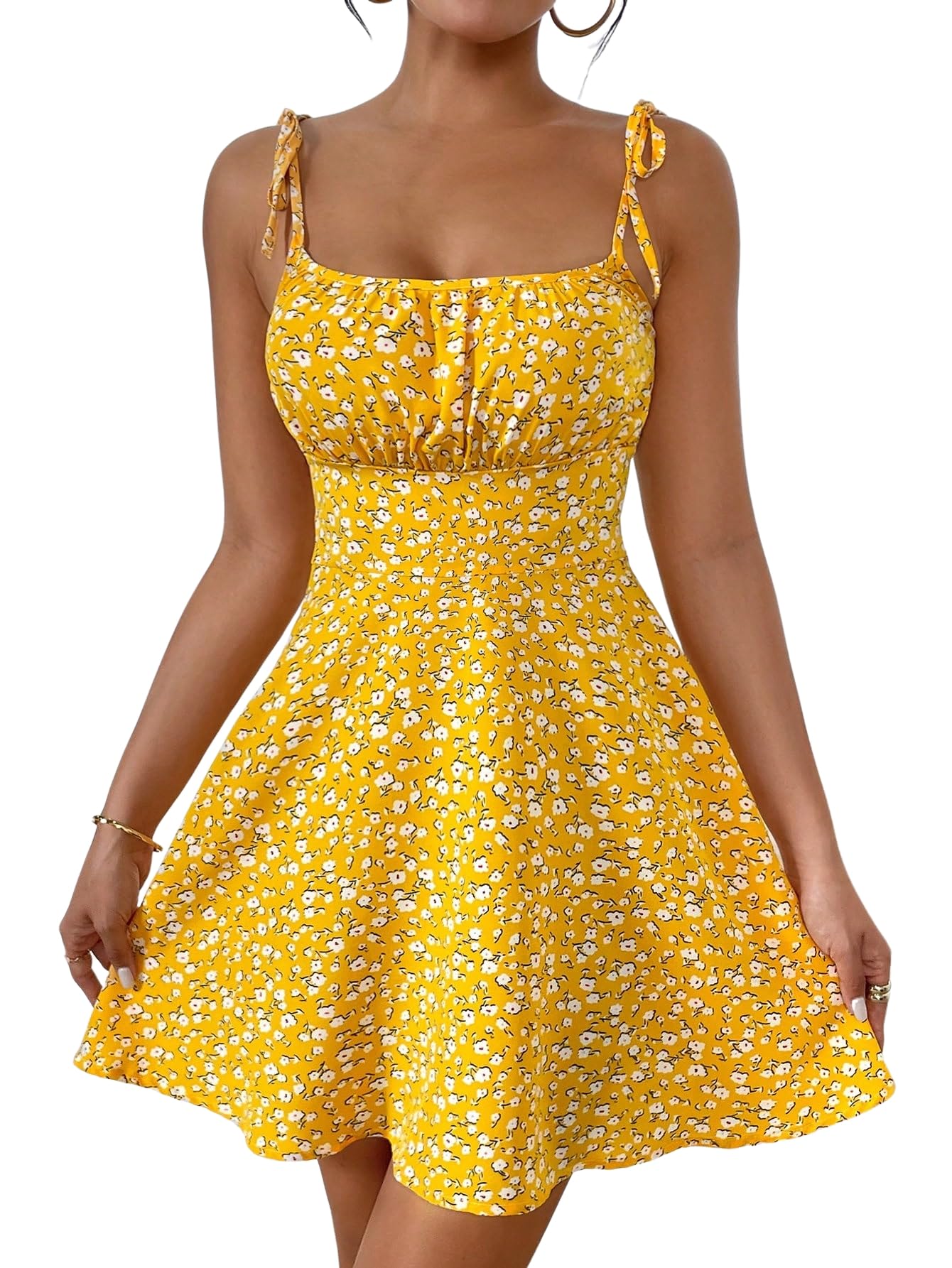 Aahwan Women Fit And Flare Summer Vacation Style Floral Print Spaghetti Strap With Shoulder Ties Mini Dress