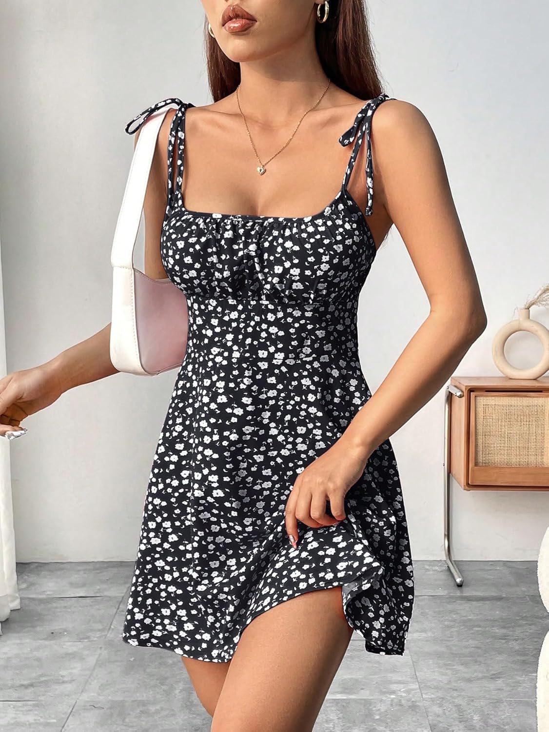 Aahwan Women Fit And Flare Summer Vacation Style Floral Print Spaghetti Strap With Shoulder Ties Mini Dress
