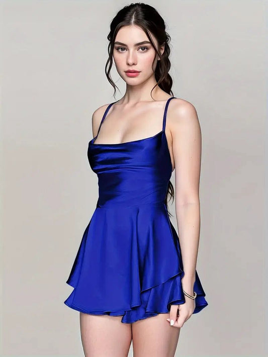 Frida Satin Mini Dress with Spaghetti Straps &Tiered Skirt