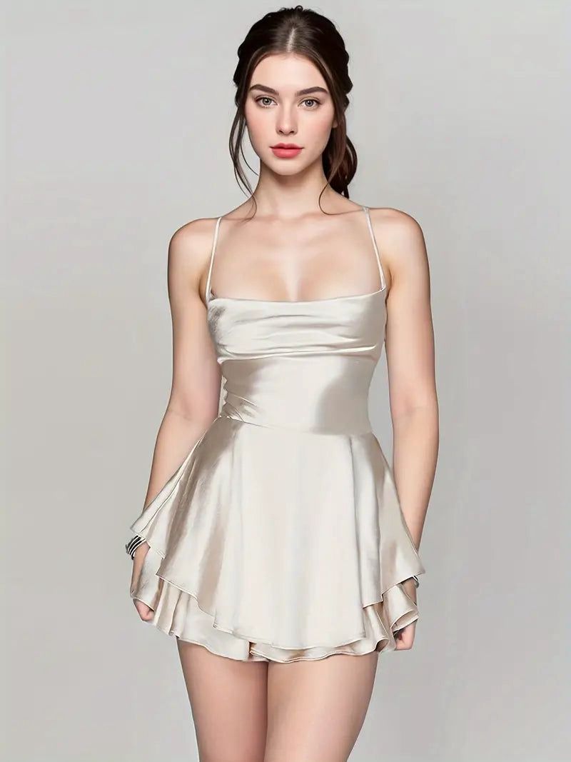 Frida Satin Mini Dress with Spaghetti Straps &Tiered Skirt