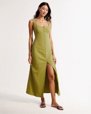 ARLA LINEN BLEND MIDI DRESS OLIVEGREEN