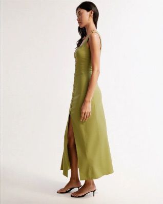 ARLA LINEN BLEND MIDI DRESS OLIVEGREEN